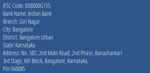 Indian Bank Giri Nagar Branch IFSC Code
