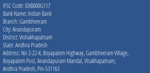 Indian Bank Gambheeram Branch, Branch Code 00G117 & IFSC Code IDIB000G117