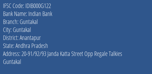 Indian Bank Guntakal Branch Anantapur IFSC Code IDIB000G122