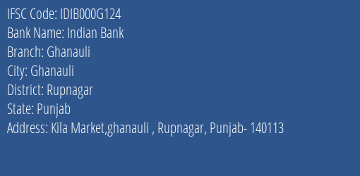 Indian Bank Ghanauli Branch Rupnagar IFSC Code IDIB000G124
