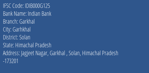 Indian Bank Garkhal Branch, Branch Code 00G125 & IFSC Code IDIB000G125