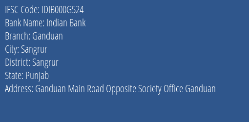 Indian Bank Ganduan Branch Sangrur IFSC Code IDIB000G524