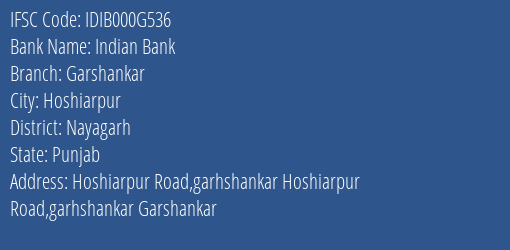 Indian Bank Garshankar Branch Nayagarh IFSC Code IDIB000G536
