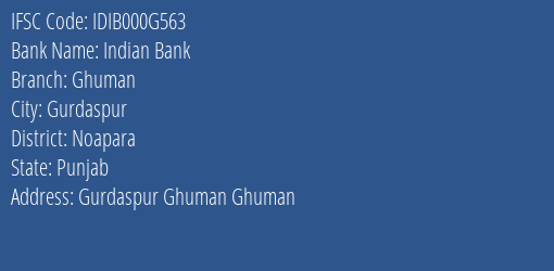 Indian Bank Ghuman Branch Noapara IFSC Code IDIB000G563