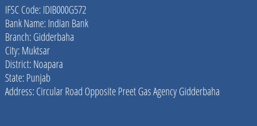 Indian Bank Gidderbaha Branch Noapara IFSC Code IDIB000G572