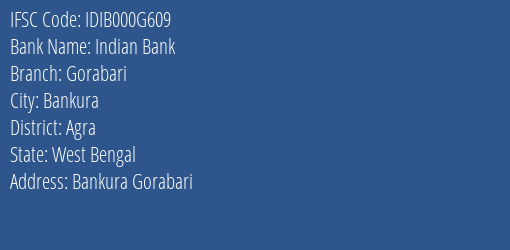 Indian Bank Gorabari Branch, Branch Code 00G609 & IFSC Code IDIB000G609