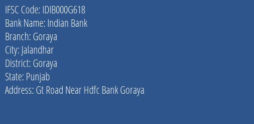 Indian Bank Goraya Branch Goraya IFSC Code IDIB000G618
