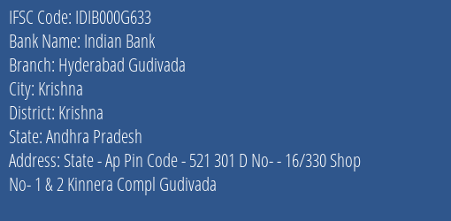 Indian Bank Hyderabad Gudivada Branch Krishna IFSC Code IDIB000G633