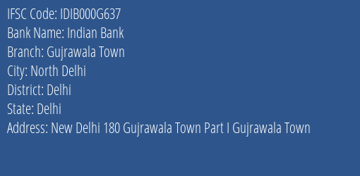 Indian Bank Gujrawala Town Branch Delhi IFSC Code IDIB000G637