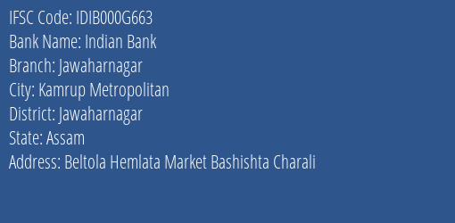 Indian Bank Jawaharnagar Branch Jawaharnagar IFSC Code IDIB000G663