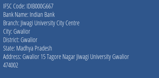 Indian Bank Jiwagi University City Centre Branch, Branch Code 00G667 & IFSC Code IDIB000G667