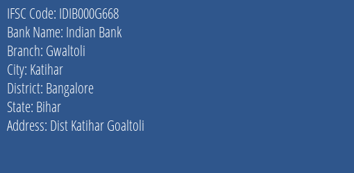 Indian Bank Gwaltoli Branch, Branch Code 00G668 & IFSC Code IDIB000G668