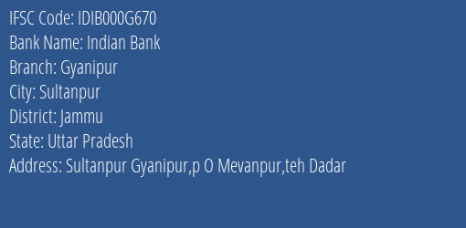 Indian Bank Gyanipur Branch, Branch Code 00G670 & IFSC Code IDIB000G670