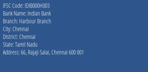 Indian Bank Harbour Branch Branch IFSC Code