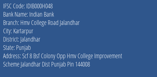 Indian Bank Hmv College Road Jalandhar Branch Jalandhar IFSC Code IDIB000H048