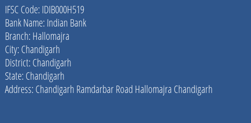 Indian Bank Hallomajra Branch Chandigarh IFSC Code IDIB000H519