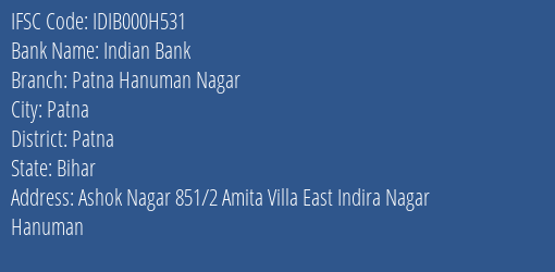 Indian Bank Patna Hanuman Nagar Branch Patna IFSC Code IDIB000H531