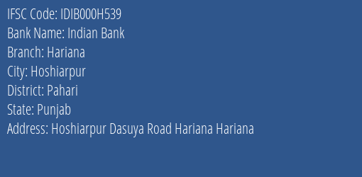 Indian Bank Hariana Branch Pahari IFSC Code IDIB000H539
