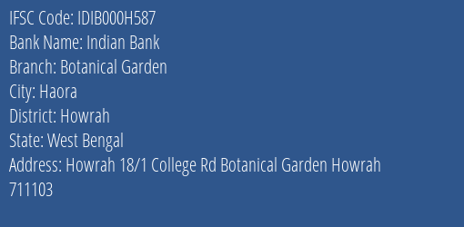 Indian Bank Botanical Garden Branch, Branch Code 00H587 & IFSC Code IDIB000H587