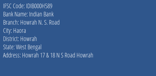 Indian Bank Howrah N. S. Road Branch IFSC Code