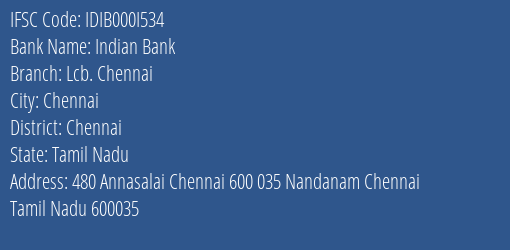 Indian Bank Lcb. Chennai Branch IFSC Code