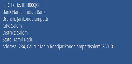 Indian Bank Jarikondalampatti Branch IFSC Code