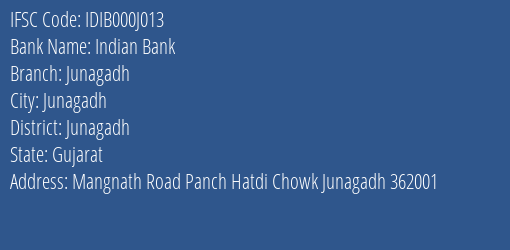 Indian Bank Junagadh Branch, Branch Code 00J013 & IFSC Code IDIB000J013