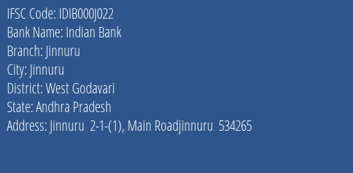Indian Bank Jinnuru Branch West Godavari IFSC Code IDIB000J022