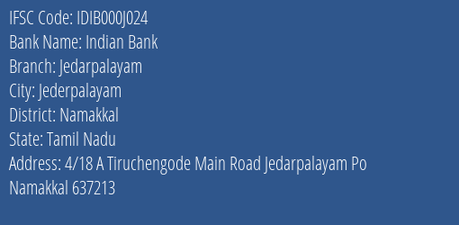 Indian Bank Jedarpalayam Branch Namakkal IFSC Code IDIB000J024
