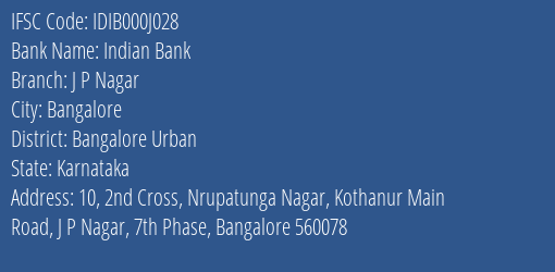 Indian Bank J P Nagar Branch IFSC Code
