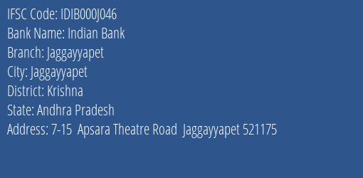 Indian Bank Jaggayyapet Branch Krishna IFSC Code IDIB000J046
