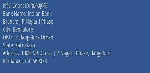 Indian Bank J P Nagar I Phase Branch IFSC Code