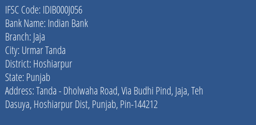 Indian Bank Jaja Branch Hoshiarpur IFSC Code IDIB000J056