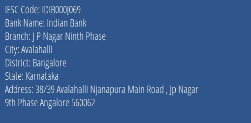 Indian Bank J P Nagar Ninth Phase Branch IFSC Code
