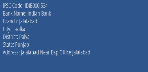 Indian Bank Jalalabad Branch Palya IFSC Code IDIB000J534