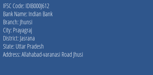 Indian Bank Jhunsi Branch Jasrana IFSC Code IDIB000J612