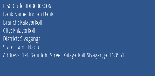 Indian Bank Kalayarkoil Branch IFSC Code
