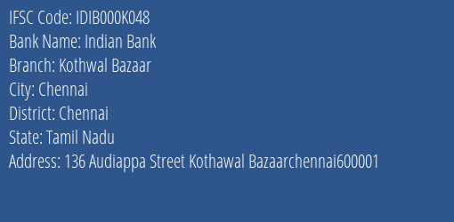 Indian Bank Kothwal Bazaar Branch IFSC Code