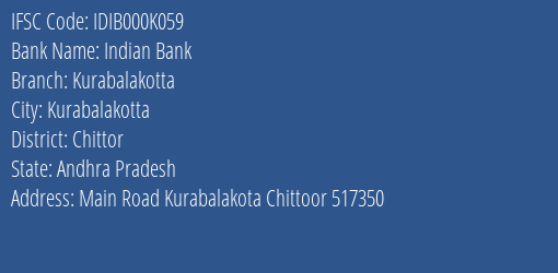 Indian Bank Kurabalakotta Branch Chittor IFSC Code IDIB000K059