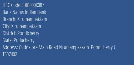 Indian Bank Kirumampakkam Branch IFSC Code