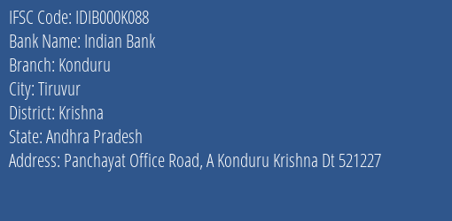 Indian Bank Konduru Branch Krishna IFSC Code IDIB000K088