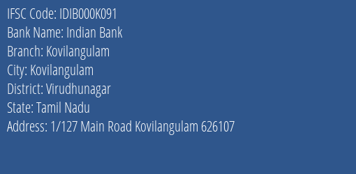 Indian Bank Kovilangulam Branch, Branch Code 00K091 & IFSC Code IDIB000K091