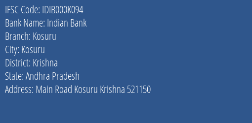 Indian Bank Kosuru Branch Krishna IFSC Code IDIB000K094