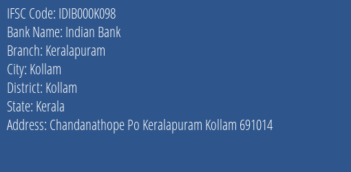 Indian Bank Keralapuram Branch, Branch Code 00K098 & IFSC Code IDIB000K098