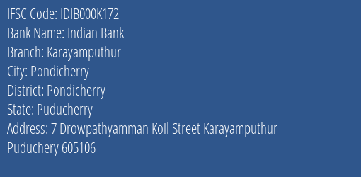 Indian Bank Karayamputhur Branch, Branch Code 00K172 & IFSC Code IDIB000K172