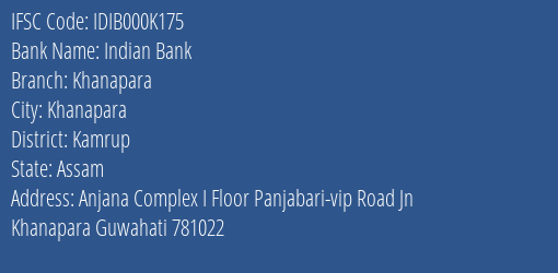 Indian Bank Khanapara Branch, Branch Code 00K175 & IFSC Code IDIB000K175