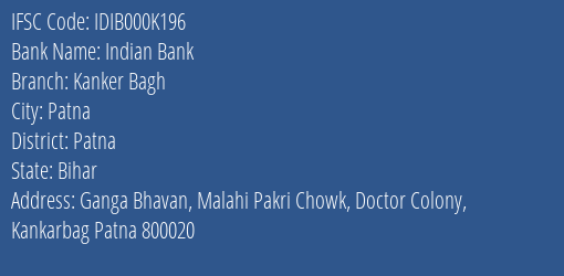 Indian Bank Kanker Bagh Branch, Branch Code 00K196 & IFSC Code IDIB000K196