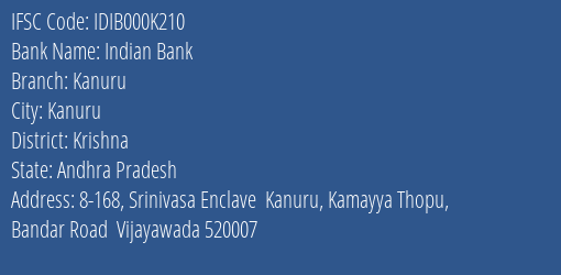 Indian Bank Kanuru Branch Krishna IFSC Code IDIB000K210
