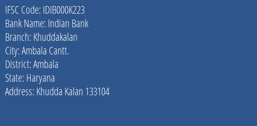 Indian Bank Khuddakalan Branch, Branch Code 00K223 & IFSC Code IDIB000K223
