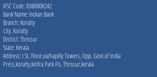 Indian Bank Koratty Branch, Branch Code 00K242 & IFSC Code IDIB000K242